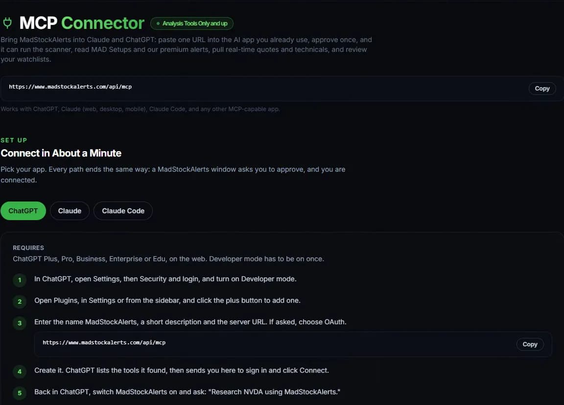 MCP Connector page with the server URL and the ChatGPT setup steps