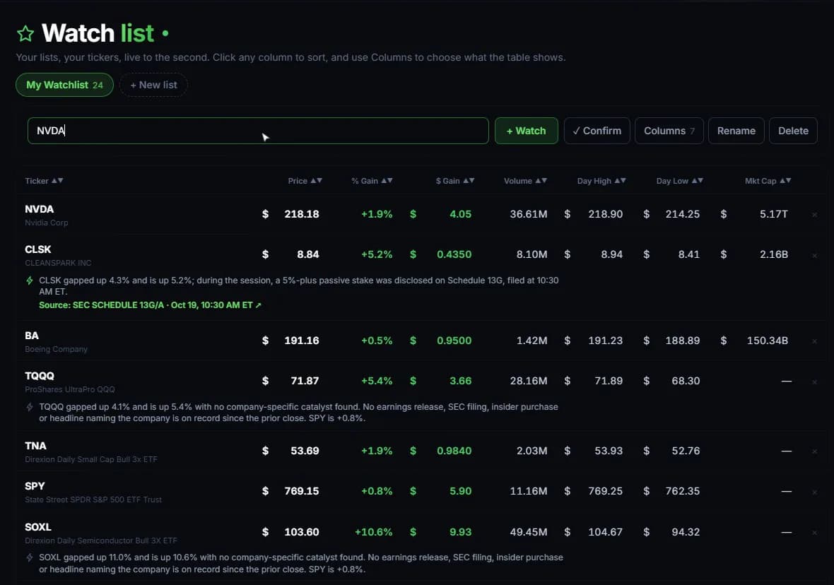 Watchlist table with live prices and a one-line reason under each name that gapped